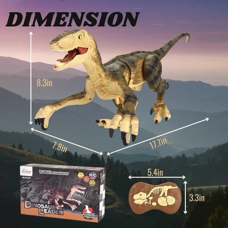 Dimensions and box contents of the RC dinosaur toy, including the toy, remote control, USB charger, and manual.