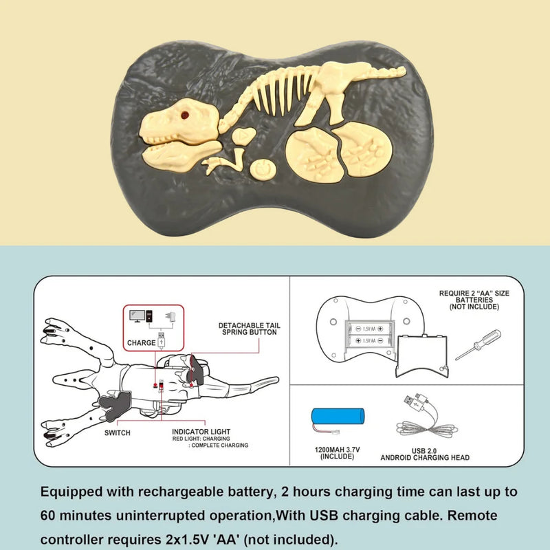 RC dinosaur toy with rechargeable battery, USB charging cable, and remote control setup for hours of uninterrupted play.