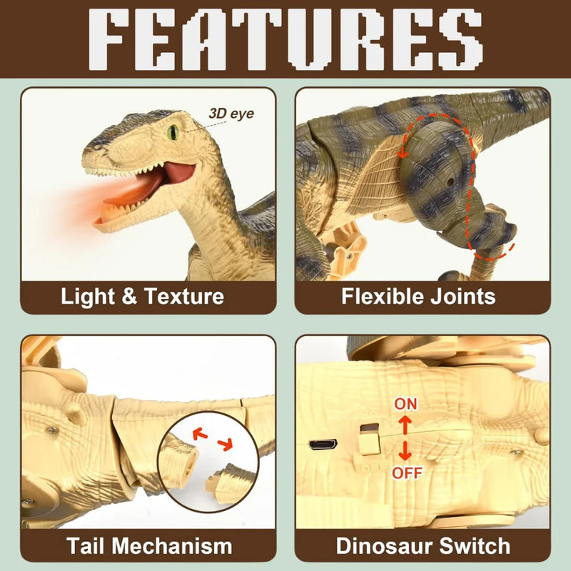 RC dinosaur toy highlighting its flexible joints, movable tail, and textured body for lifelike interaction and play.