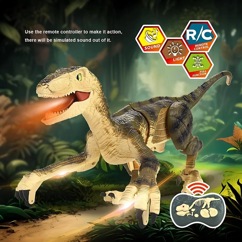 RC dinosaur toy with sound and light effects, featuring full remote control functionality for interactive play.