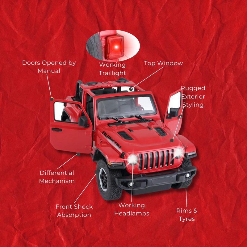 RC Jeep Wrangler 4x4 showcasing key features including working trail light, headlights, and rugged design