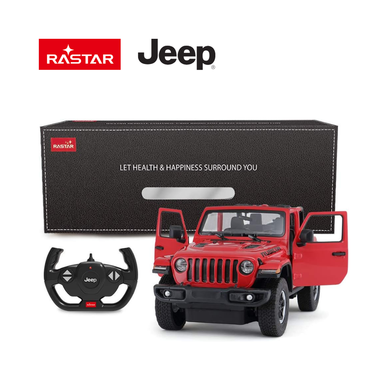 RC Jeep Wrangler 4x4 in red with packaging and remote control, ideal for off-road adventures