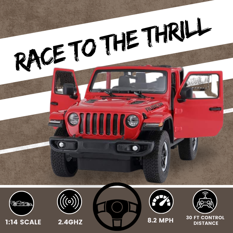 RC Jeep Wrangler 4x4 with ‘Race to the Thrill’ slogan, featuring open doors and rugged tires.