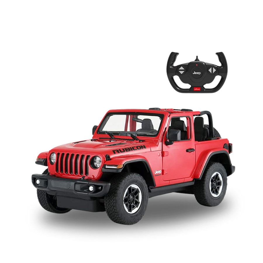 Red RC Jeep Wrangler 4x4 model with remote control, showcasing rugged design and off-road capabilities