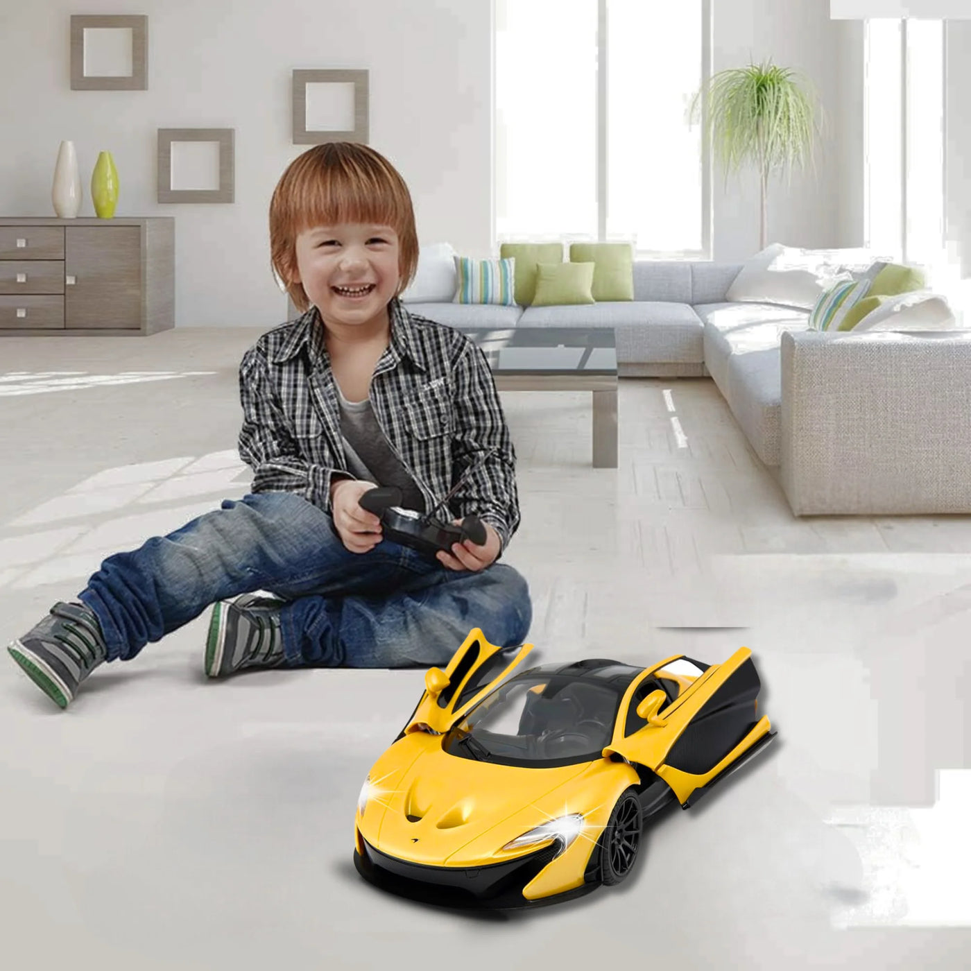 Child playing with RC McLaren P1 car, showing excitement and fun.