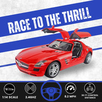 Race to the thrill with the RC Mercedes Benz SLS AMG in red, featuring 1:14 scale, 2.4GHz control, and 30-foot range