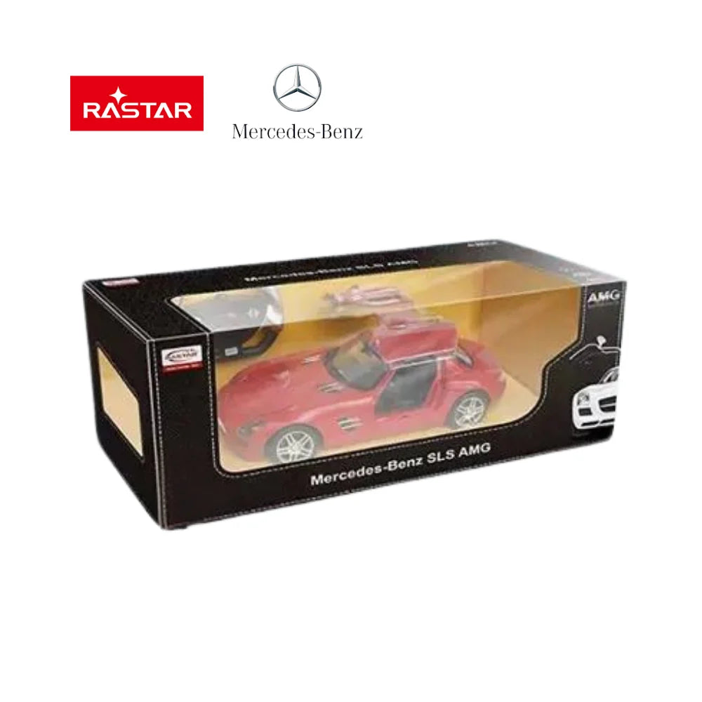 Mercedes Benz RC Car SLS AMG in red, shown in original Rastar packaging box, ideal for gifting and collectors.