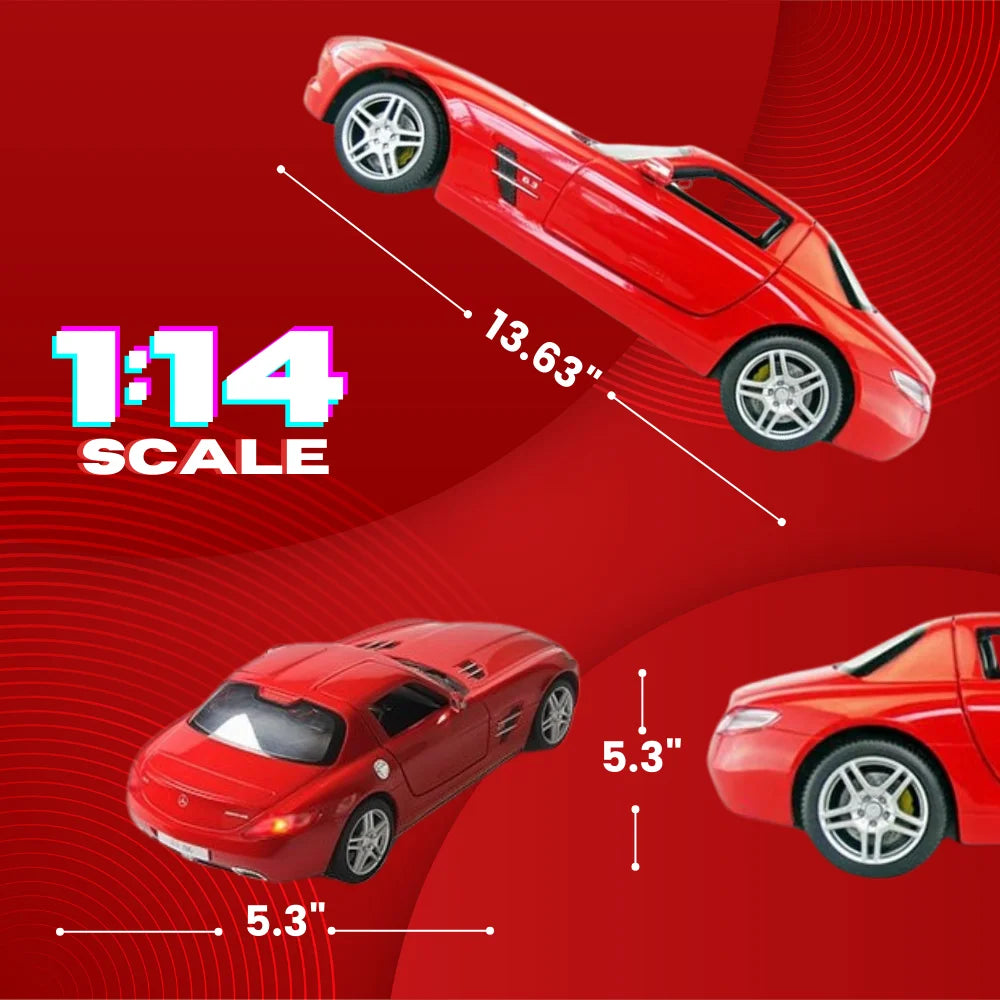 1:14 scale measurements of RC Mercedes Benz SLS AMG in red, ideal for RC enthusiasts seeking detailed and accurate models