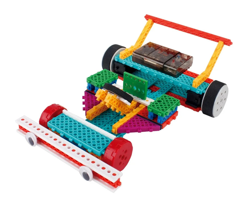Buildable RC robot vehicle from a kids' robotics kit, showcasing vibrant colors and a unique construction design