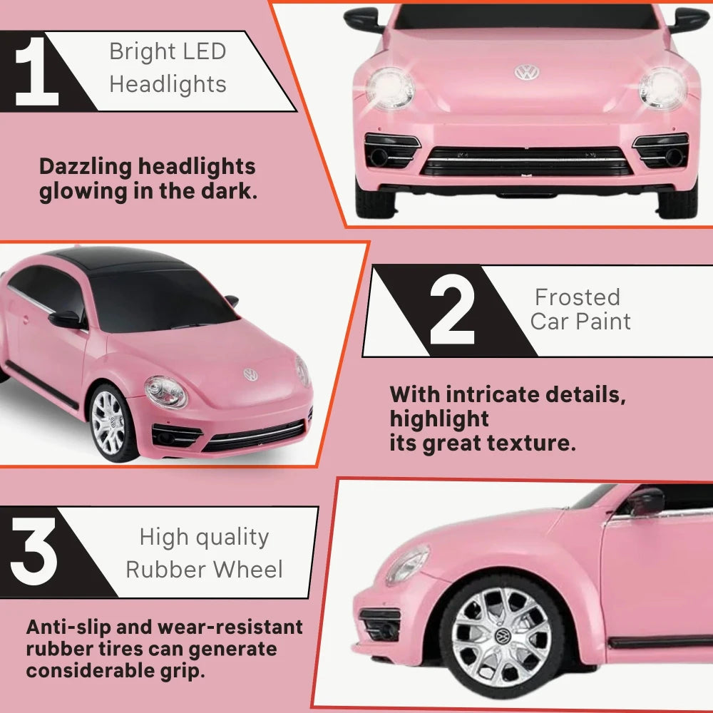 Features of RC Volkswagen Beetle - Highlights include LED headlights, frosted car paint, and rubber tires for a smooth ride