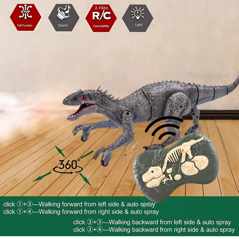 Realistic 360-degree dinosaur toy with remote control for walking and spraying functions, ideal for kids