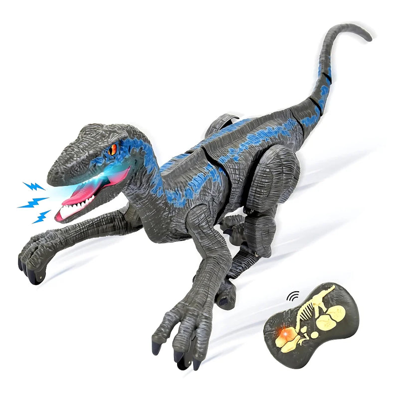 Realistic blue dinosaur toy with glowing eyes and a remote control for interactive play.