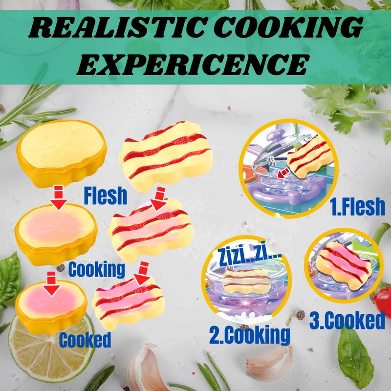 Mini kitchen playset with realistic cooking experience including sizzling pretend bacon and vegetables