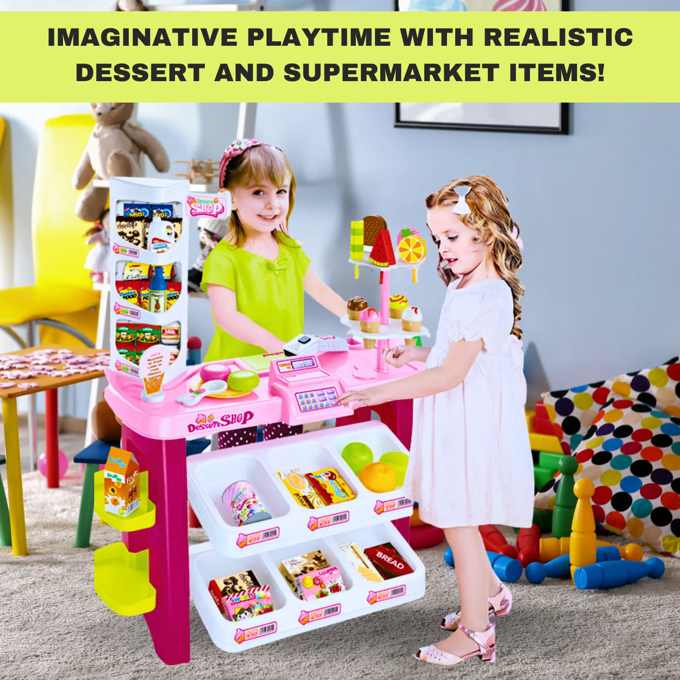 Girls engaging in imaginative play with a pretend dessert and supermarket set for kids.