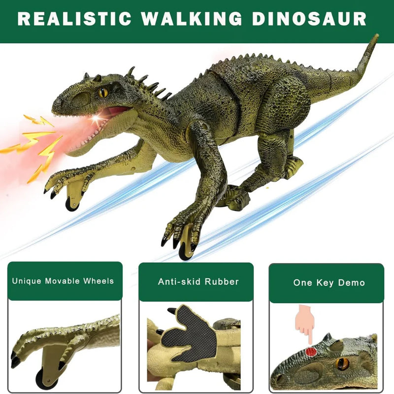 Realistic walking dinosaur toy with movable wheels, anti-skid rubber, and demo button feature.
