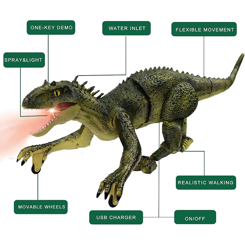 Exquisite features of the realistic remote control dinosaur toy with flexible joints, LED lights, and anti-slip rubber.