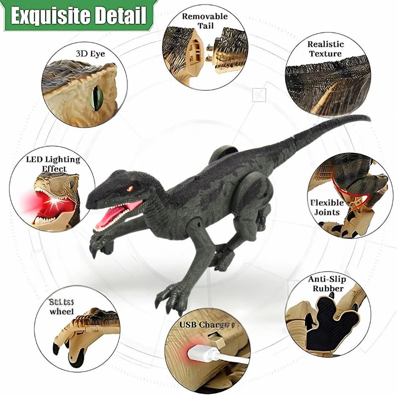 Realistic dinosaur toy with flexible joints, LED lighting, removable tail, and USB charging
