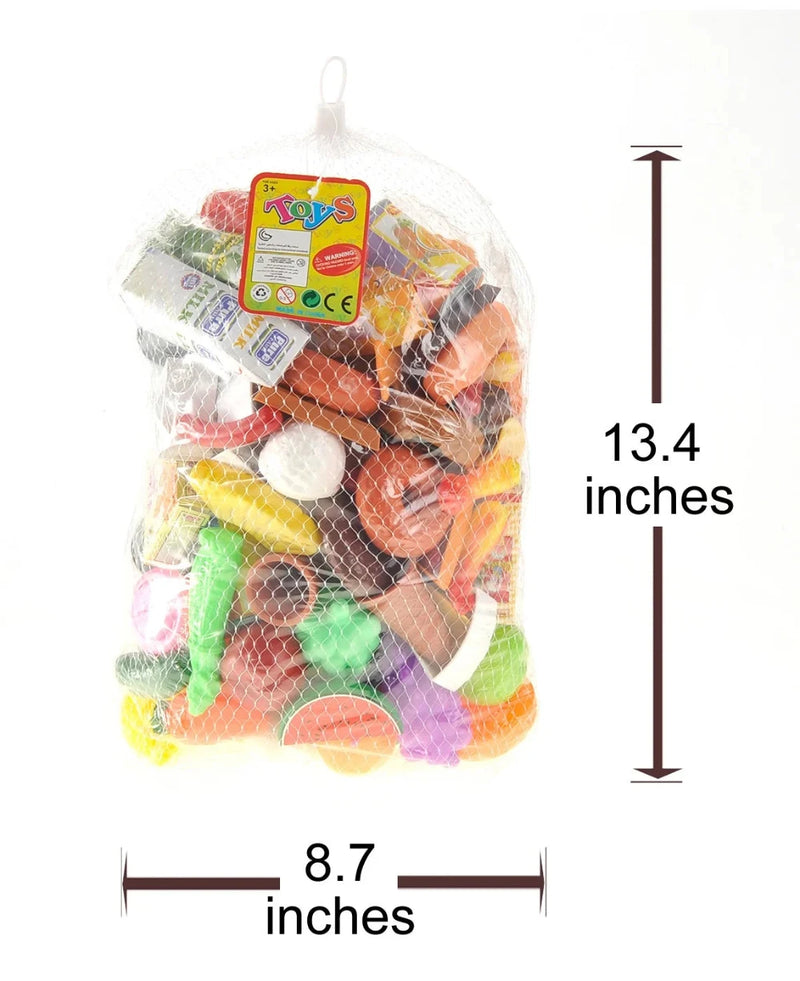 Realistic play food set toys in a netted bag, including various food items for kids' kitchen play sets