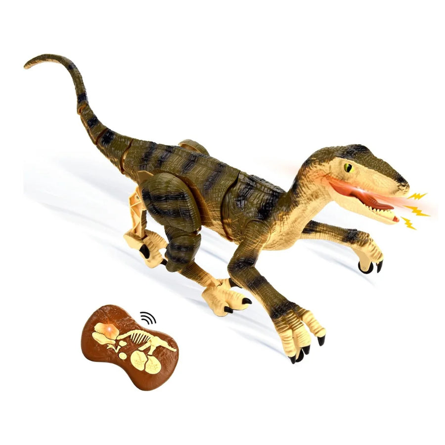 Realistic RC dinosaur toy featuring light and sound effects, showcasing detailed textures and movable parts, perfect for kids' entertainment.

