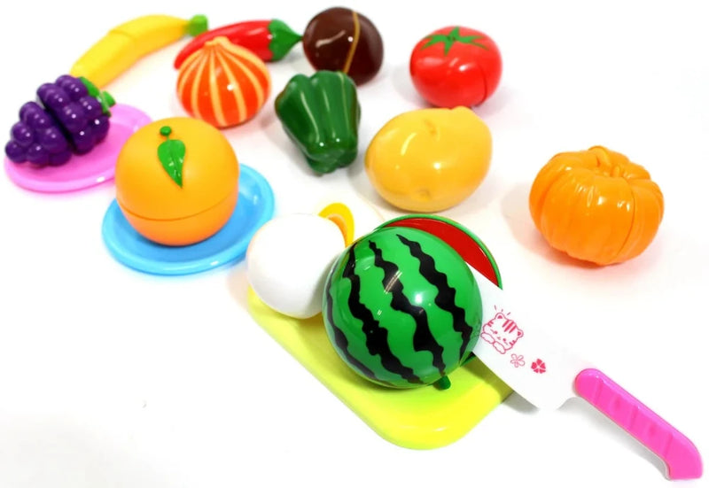 Realistic sliceable fruit play food set with Velcro, including watermelon, orange, and kitchen knife - ideal for pretend play and early learning.