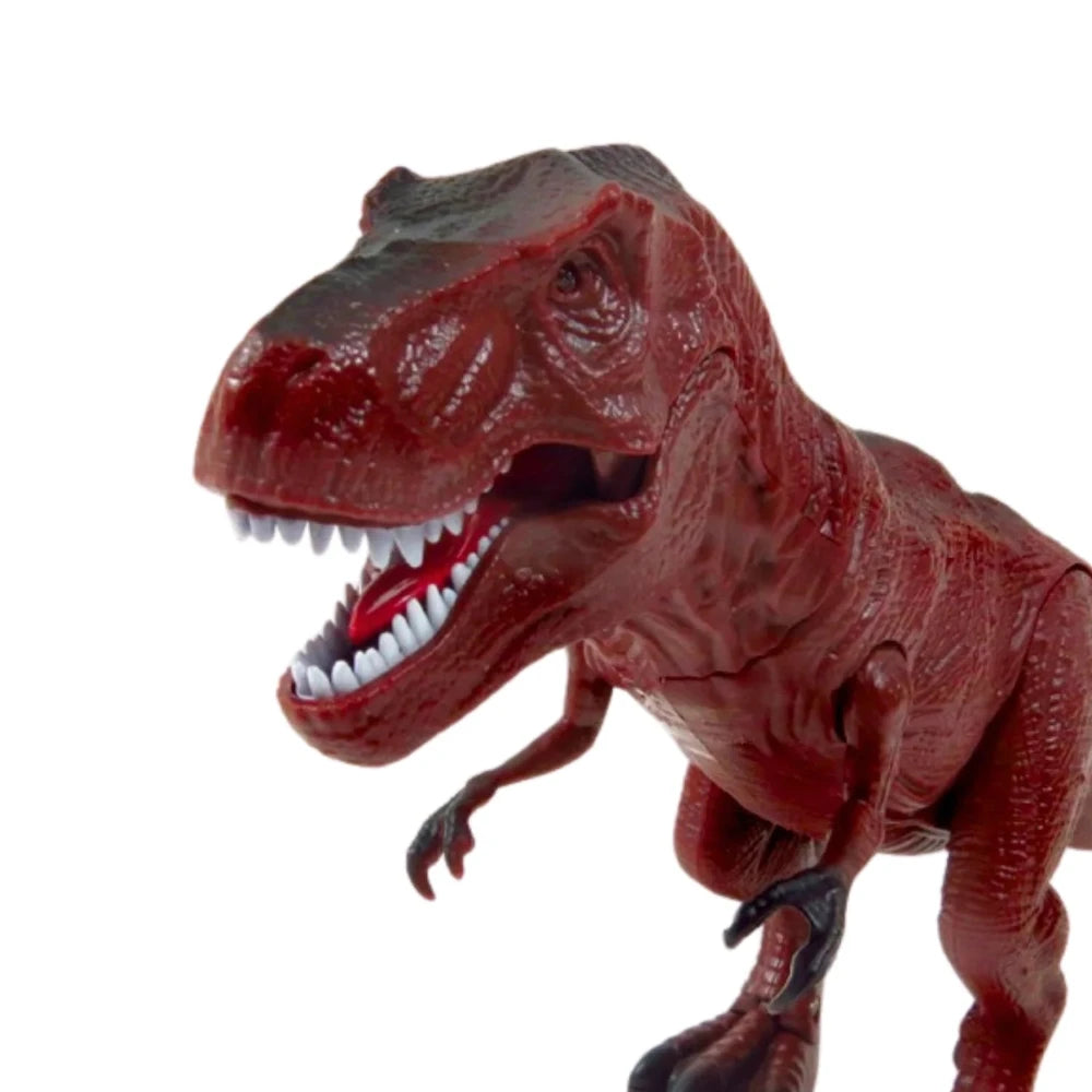 Close-up of T-Rex dinosaur toy showcasing detailed teeth and lifelike appearance."

