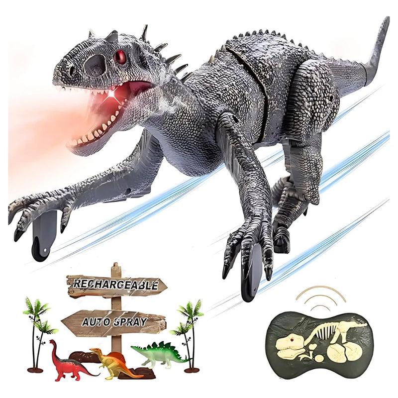 Realistic walking dinosaur toy with rechargeable auto spray function and remote control.