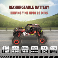 Rechargeable rock crawler RC car with up to 20 minutes of driving time and 4WD capability.