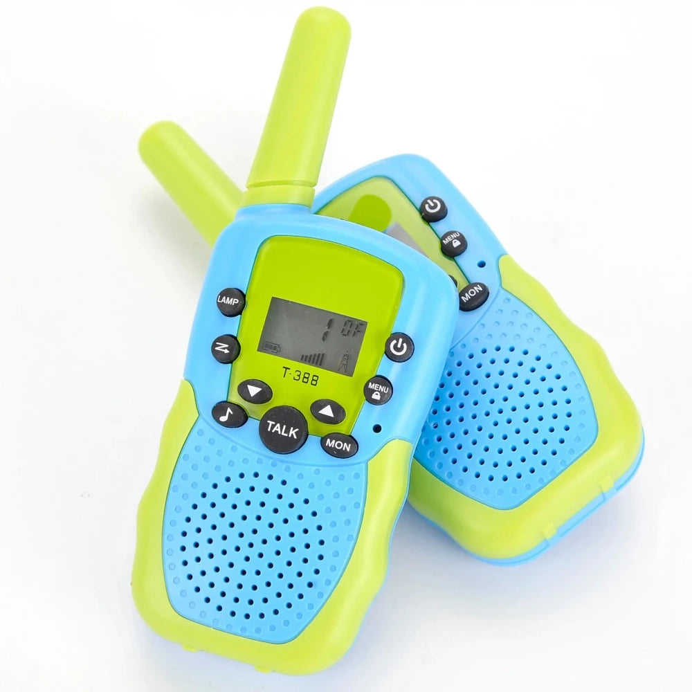 Pair of rechargeable walkie talkies for kids with bright colors, offering a fun and easy communication solution