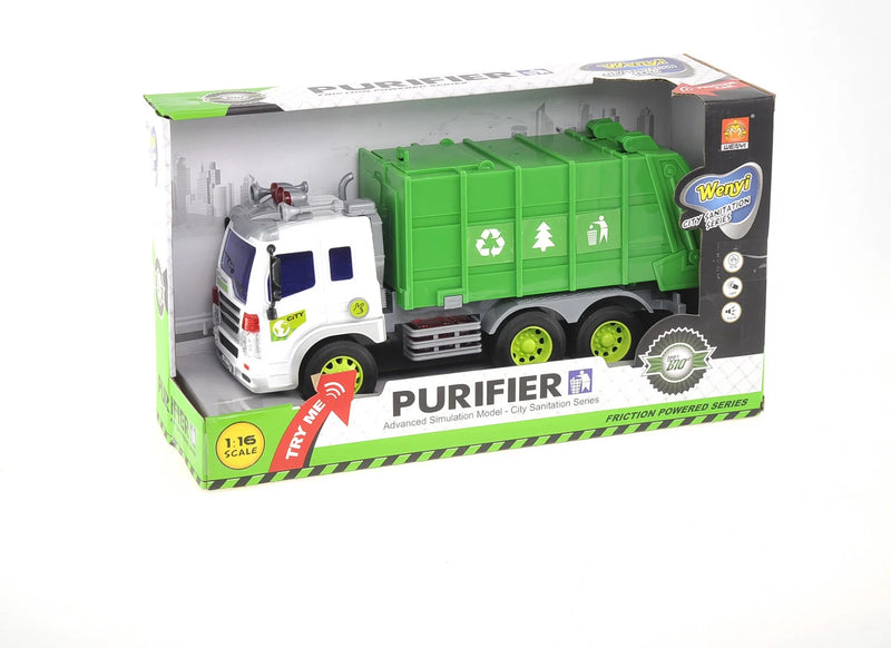 Side view of recycling garbage truck toy with green waste compartment and eco-friendly symbols