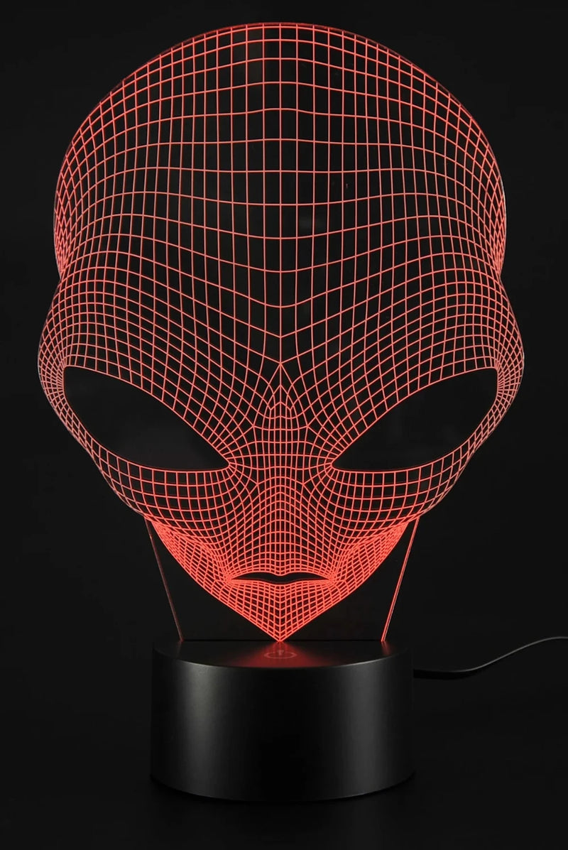 Red alien head 3D LED lamp featuring a detailed grid pattern, ideal for sci-fi fans and unique room lighting.