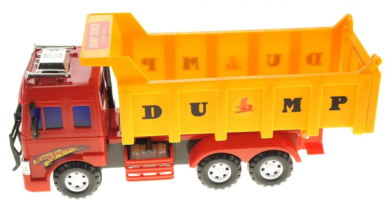 Side view of a red and yellow dump truck toy, highlighting its large wheels and spacious dump bed