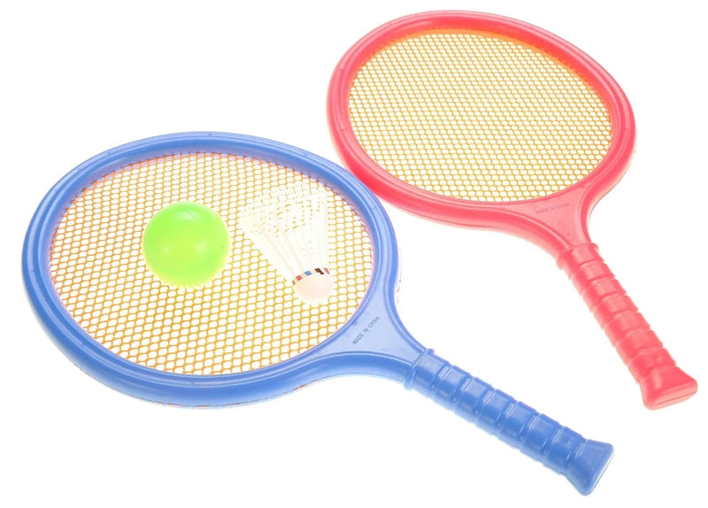 Close-up view of red and blue badminton rackets in a kids' toy set, with a green ball and shuttlecock