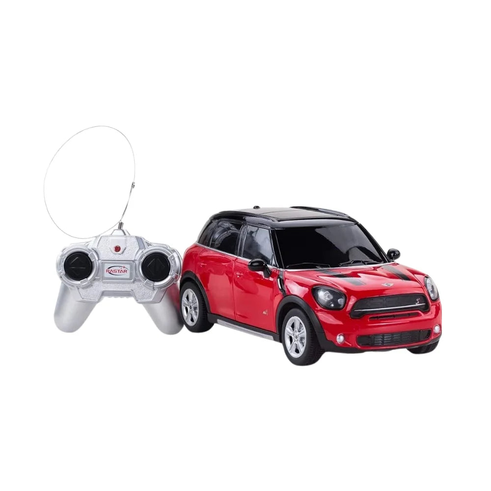 Red Mini Cooper remote control car with wireless controller.