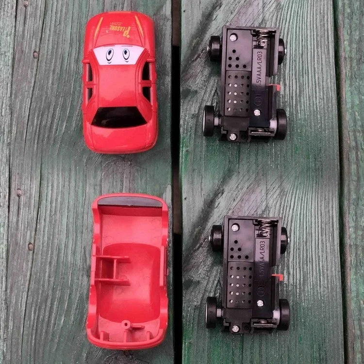 red toy car with internal components for kids road map puzzle, showcasing play features and design