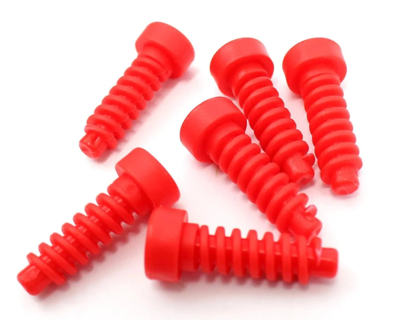 Red plastic screws for race car toy modification, adding durability and customization options for toy race cars