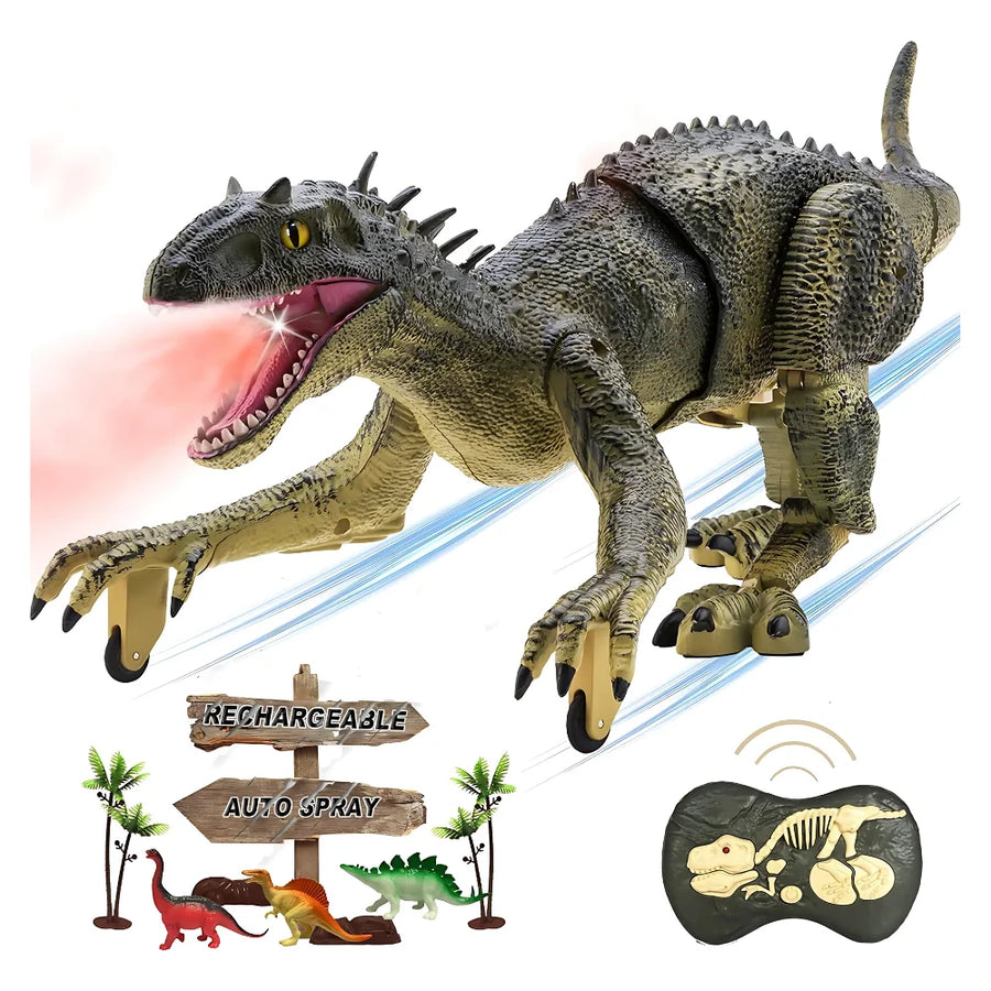 Rechargeable remote control dinosaur toy with realistic LED lights, mist spray, and movable wheels