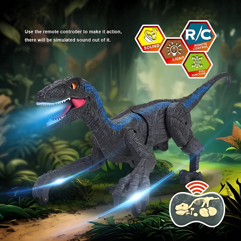Remote control dinosaur toy in action with sound, light, and full motion features.