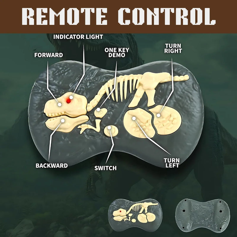 Detailed view of remote control functions for the RC dinosaur toy, showcasing easy-to-use buttons for kids.