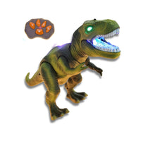 Remote control T-Rex dinosaur toy with glowing eyes, roaring sound, and light-up mouth, perfect for kids