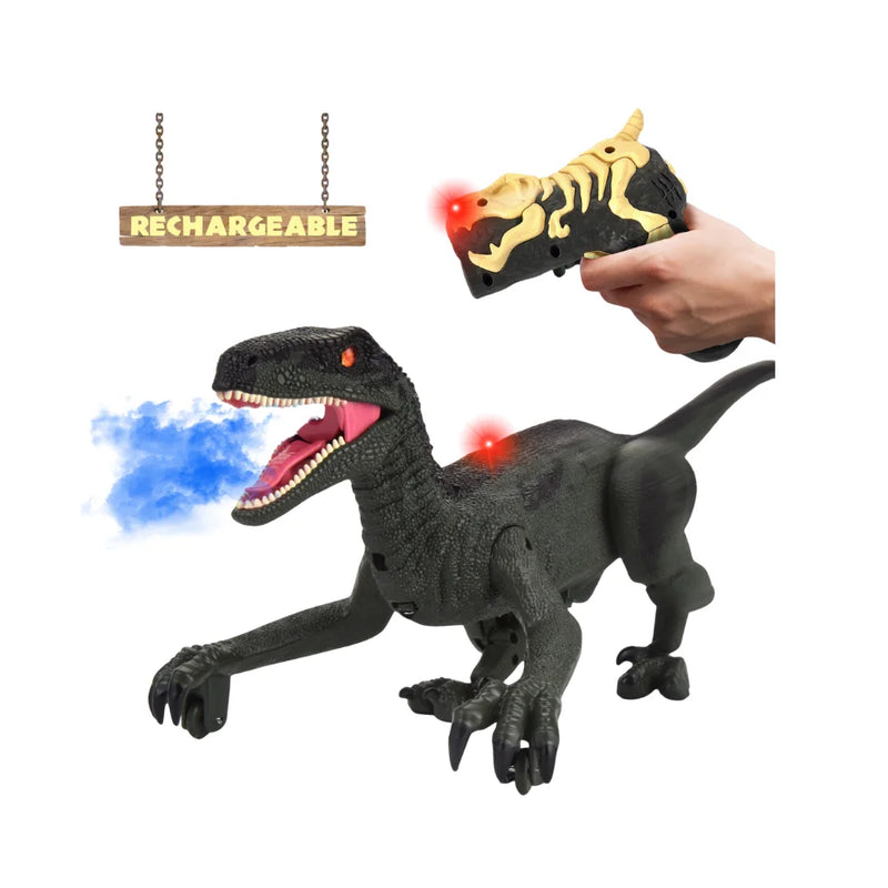 Remote-controlled dinosaur toy with mist spray, rechargeable battery, and interactive LED lights