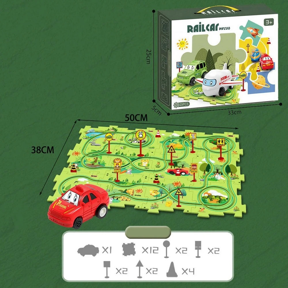 Road map puzzle set with box dimensions and detailed layout, designed for children aged 3 and up