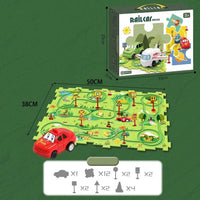 Road map puzzle set with box dimensions and detailed layout, designed for children aged 3 and up