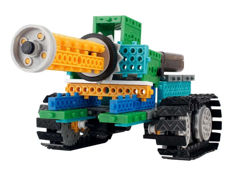 Tank model built with a robotics kit for kids, featuring rotating parts and sturdy treads for fun playtime