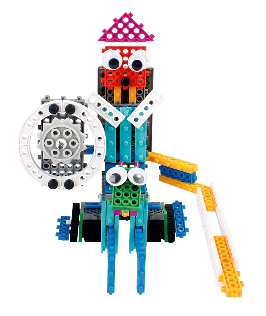 Colorful construction model robot from a robotics kit for kids, featuring vibrant blocks and gears for creative building."
