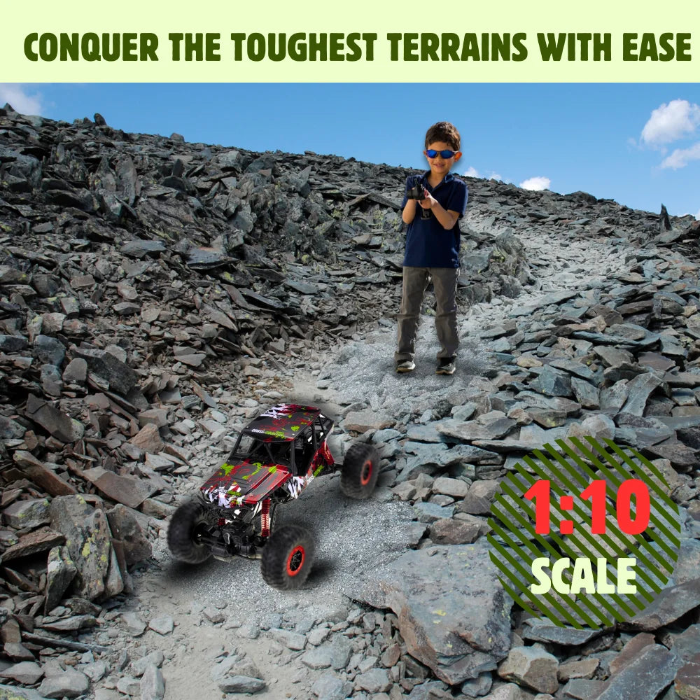 Rock crawler RC car conquering rocky terrain with ease, perfect for off-road enthusiasts.