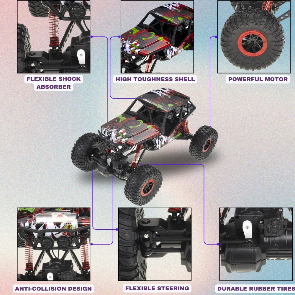 Features of the rock crawler RC car, including shock absorbers, high-toughness shell, and durable rubber tires