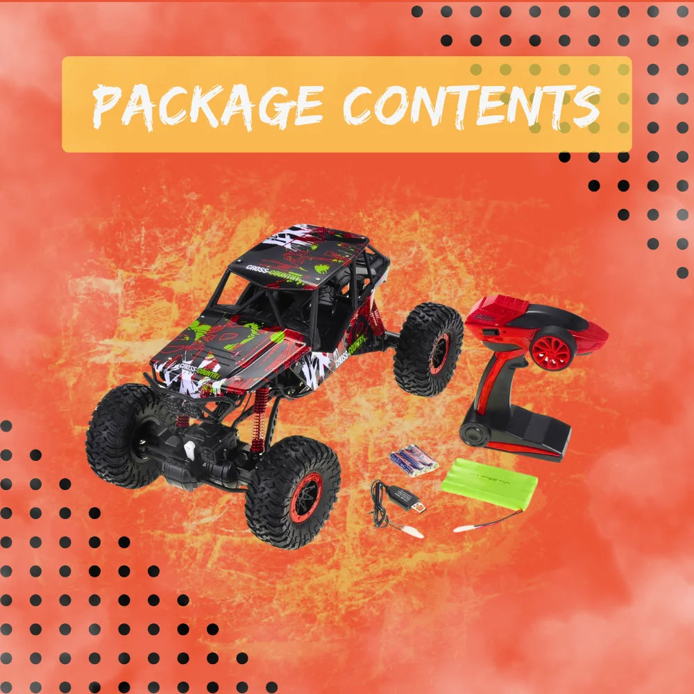 Package contents of the rock crawler RC car with remote control and rechargeable battery.