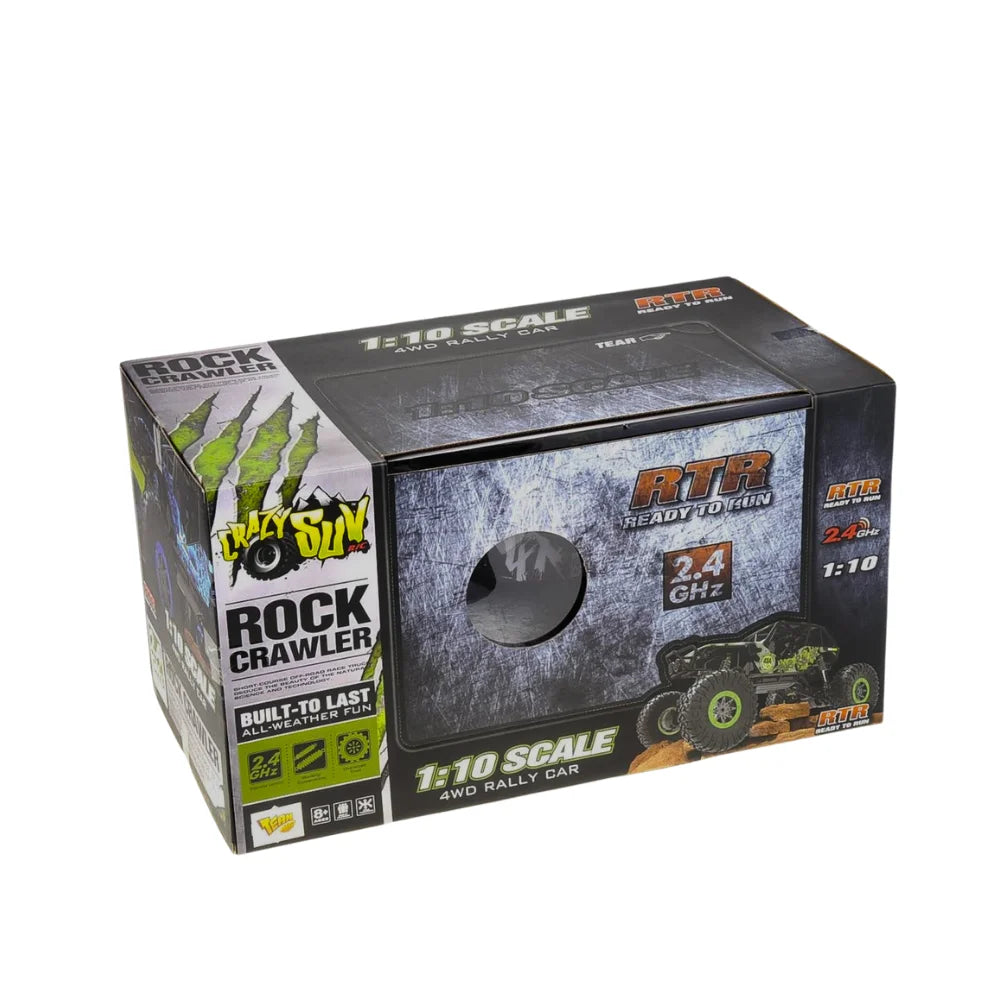 Packaging of rock crawler RC car with 4x4 capabilities, ready-to-run design.