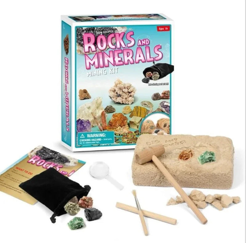 Rocks and Minerals Mining Kit with box and tools, designed for kids to discover real gemstones and learn geology