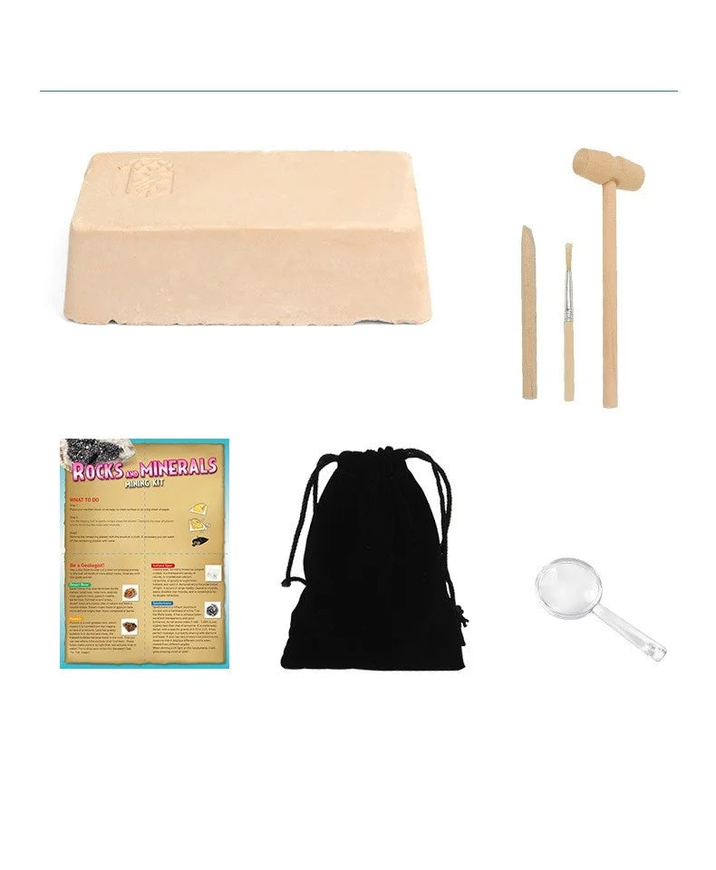 Components of Rocks and Minerals Geology Kit including sand block, tools, magnifying glass, and instructions - ideal for young geologists